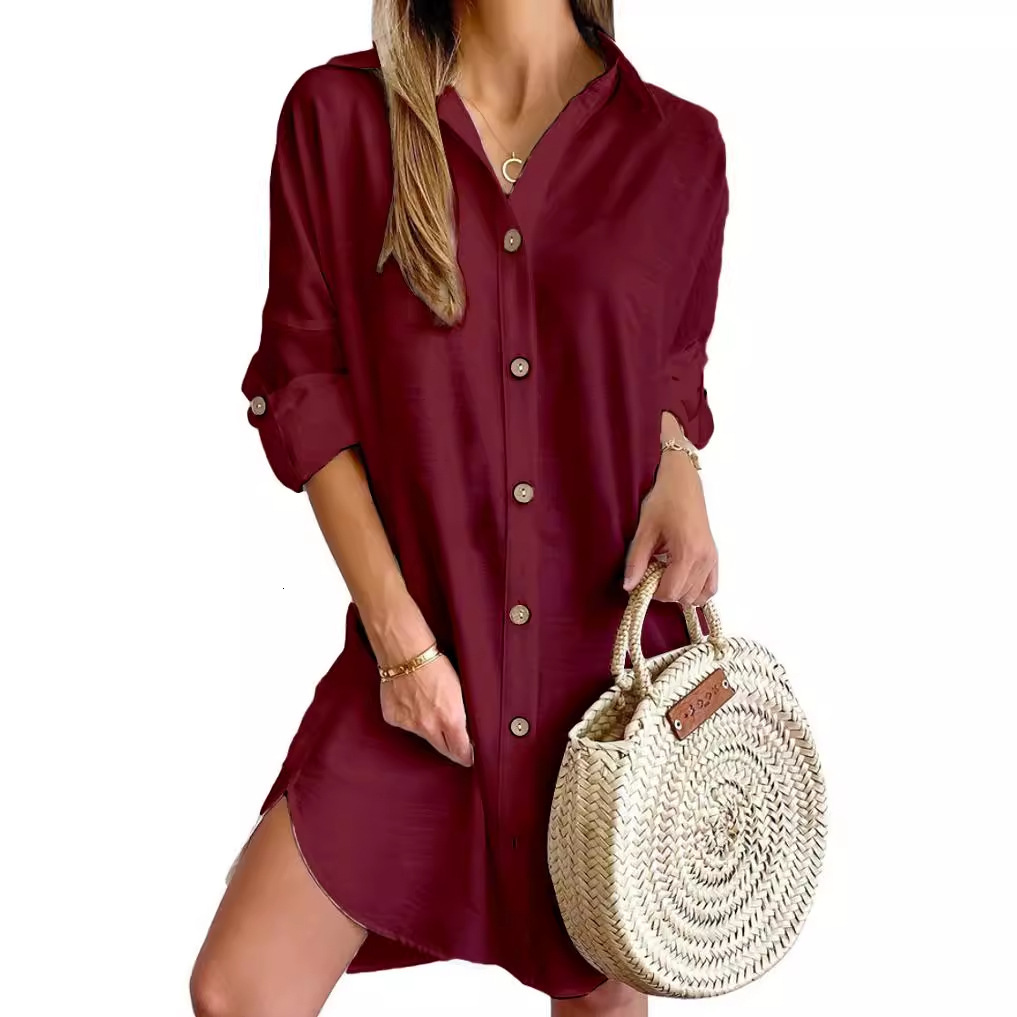 2024 autumn casual long sleeved lapel button up shirt dress for women