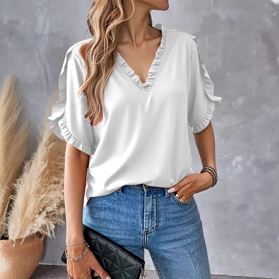 2025 summer simple solid color short sleeved ruffled V-neck shirt top for women
