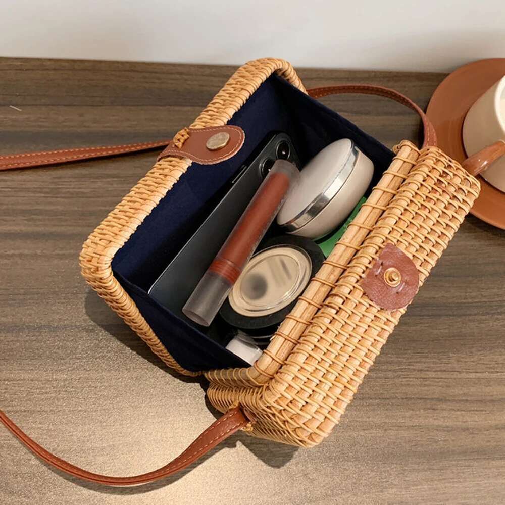 Women Handwoven Storage Vintage Rattan Woven Sling Bohemia Fashion Beach Retro Square/Round/Bucket Durable Straw Bag