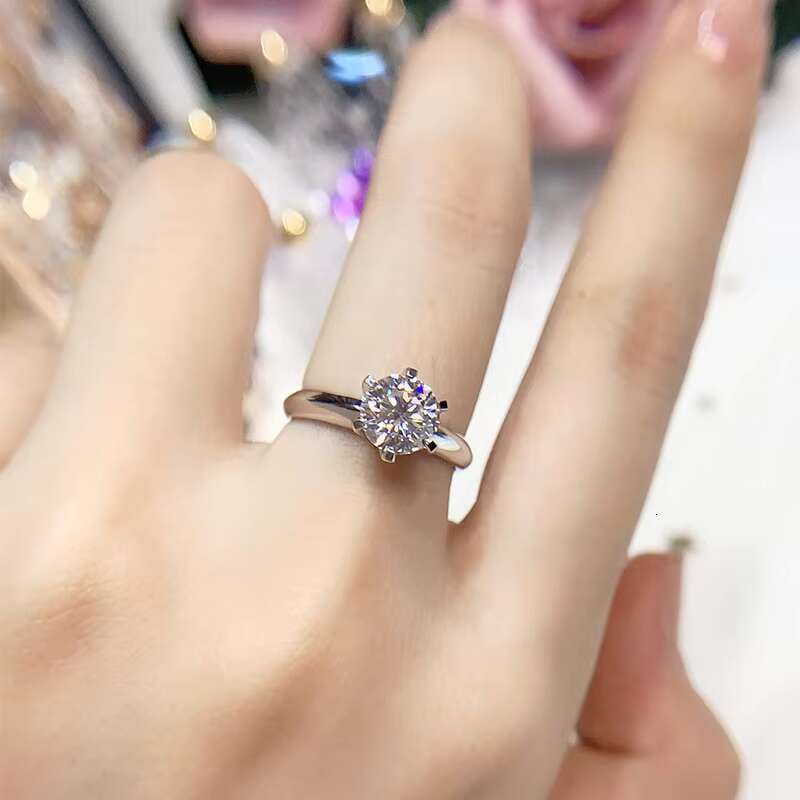 Moissanite Ring S925 Sterling Silver Womens Classic Inlaid Simulation Open Six-Claw Live Broadcast