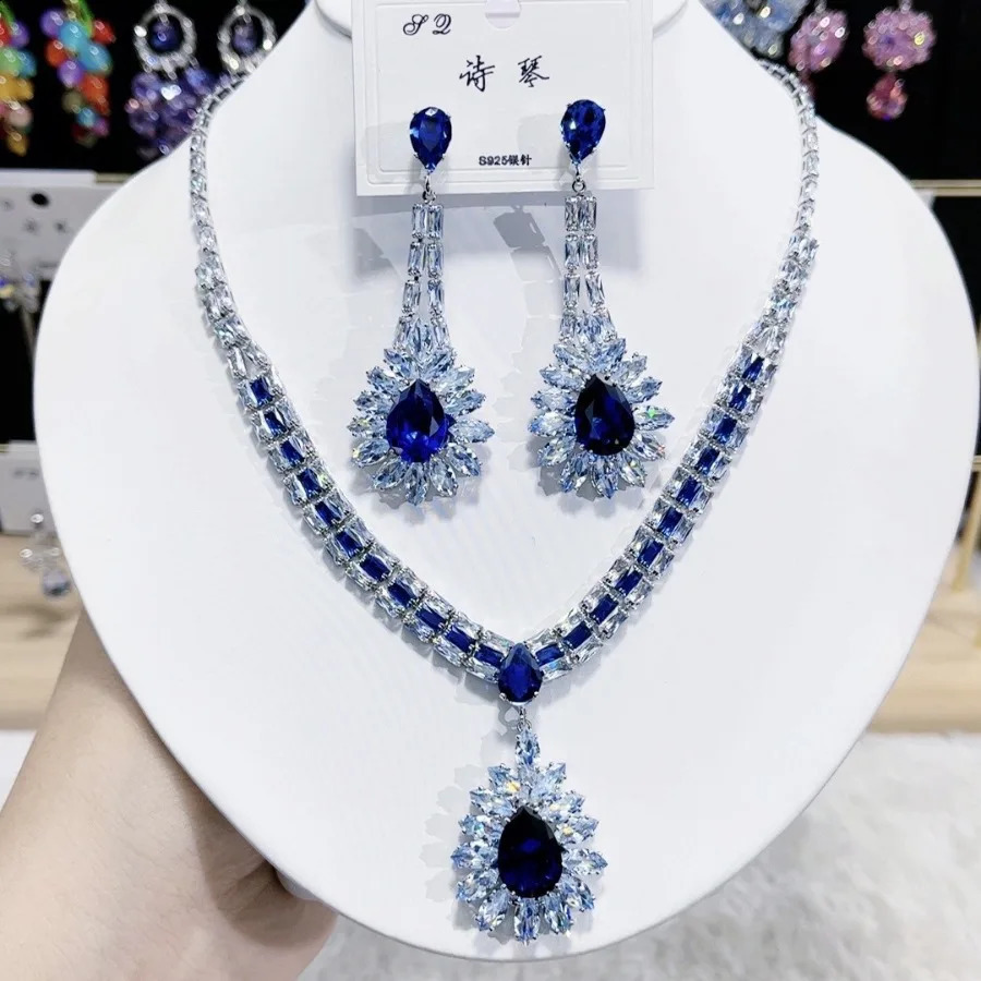Women Fashion Zircon Pink Green Water Drop Necklace Earrings Set 2024 250417