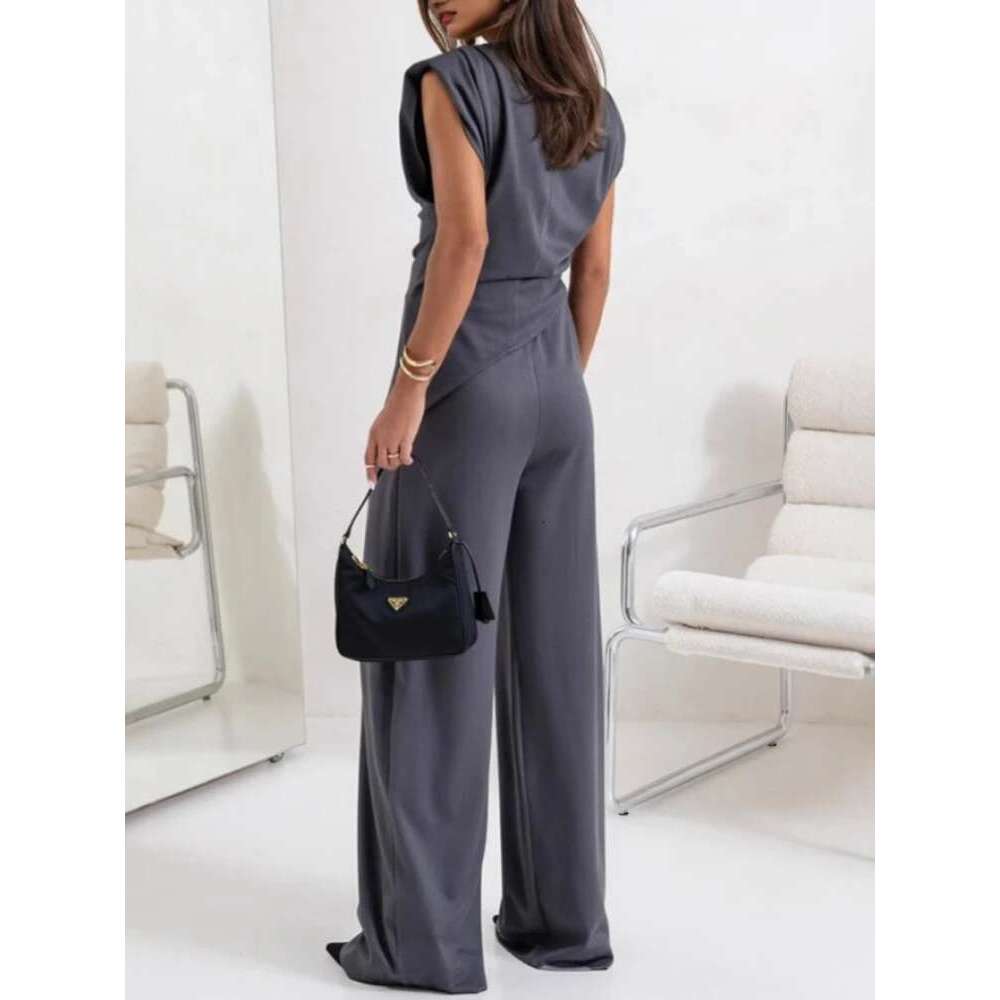 2025 Summer Fashion New Women's Two Piece High Street Elegant Round Neck Irregular Top Elastic Waist Wide Leg Pants Set