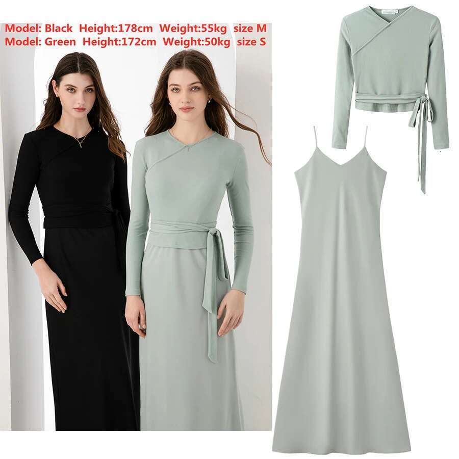 AS 2024 Woman Clothing High Stretch Ribbing Closed-Fit Wrap Tops + Matte Satin Dress Maxi Matching Sets (Ship Out In 1 Day)