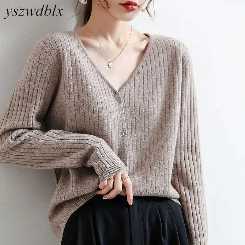 YSZWDBLX Women Cardigans 2025 Solid V-neck Knitted Autumn Winter Long Sleeve Sweater Korean Fashion Loose Fit Woman CardiganT251125