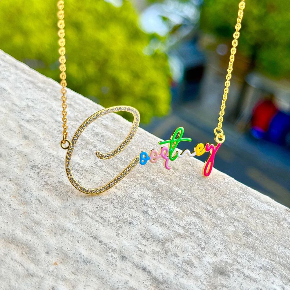 DODOAI Custom Name Necklace Rainbow Nameplate Zircon Pendant Necklaces Fashion Jewelry For Women Personalized Gifts 250425