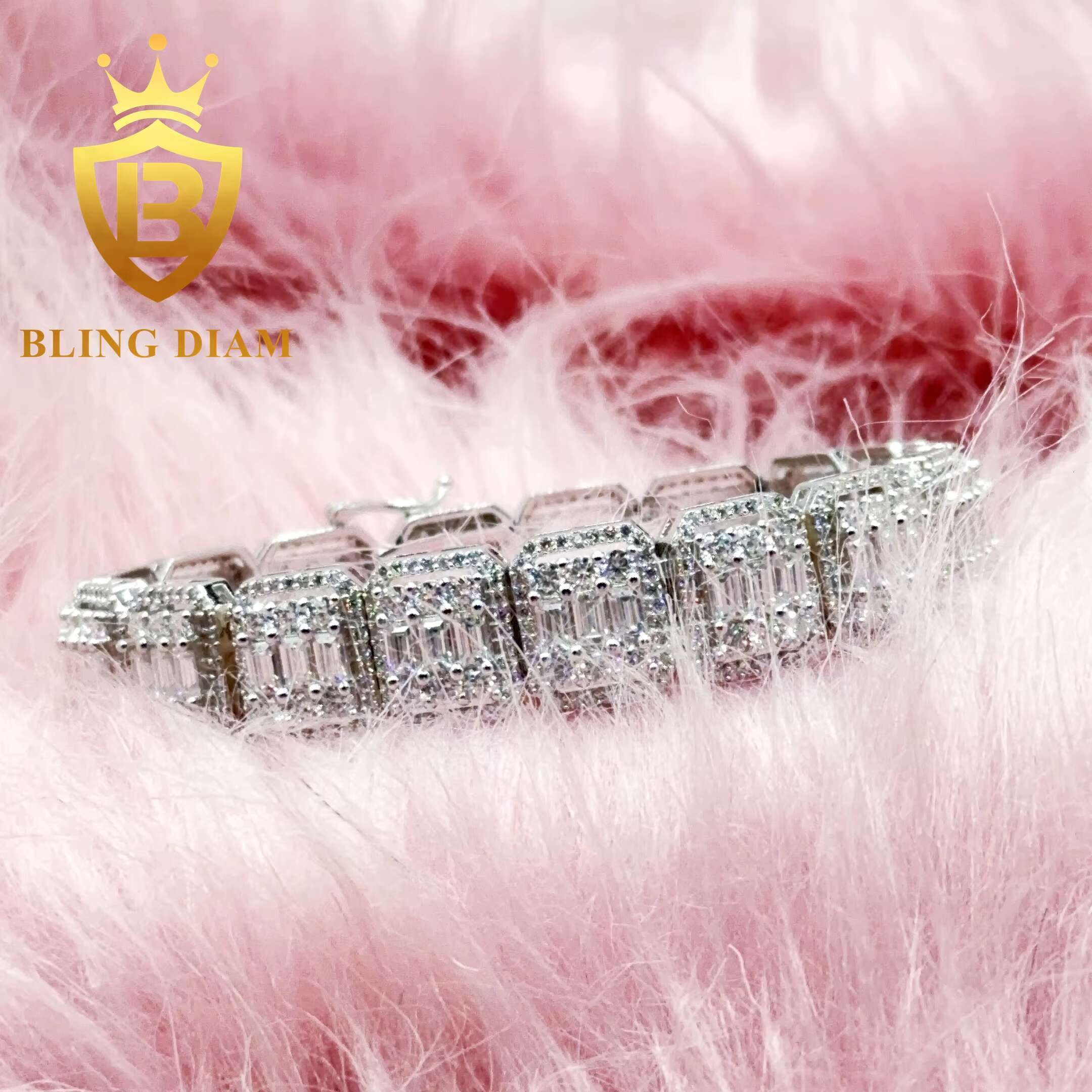 Hip Hop Bling Jewelry 13mm Baguette Tennis Chain Moissanite Ice Out 925 Silver Cluster Moissanite Cuban Chain Necklace Bracelet