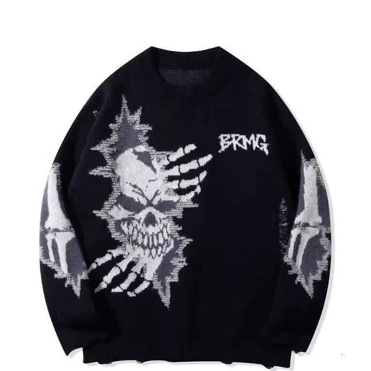 Autumn/Winter New Personalized Skull Design Round Neck Loose Long Sleeve Knitted Sweater