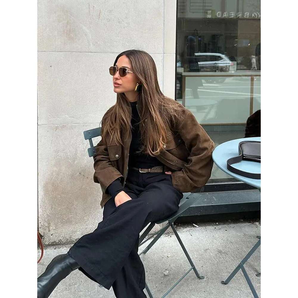 Designer Clothes Brown Suede Jacket Women Vintage Zipper Long Sleeve Pockets Stand Collar Bomber Coat Lady 2025 Spring New Fashion Streetwear Top