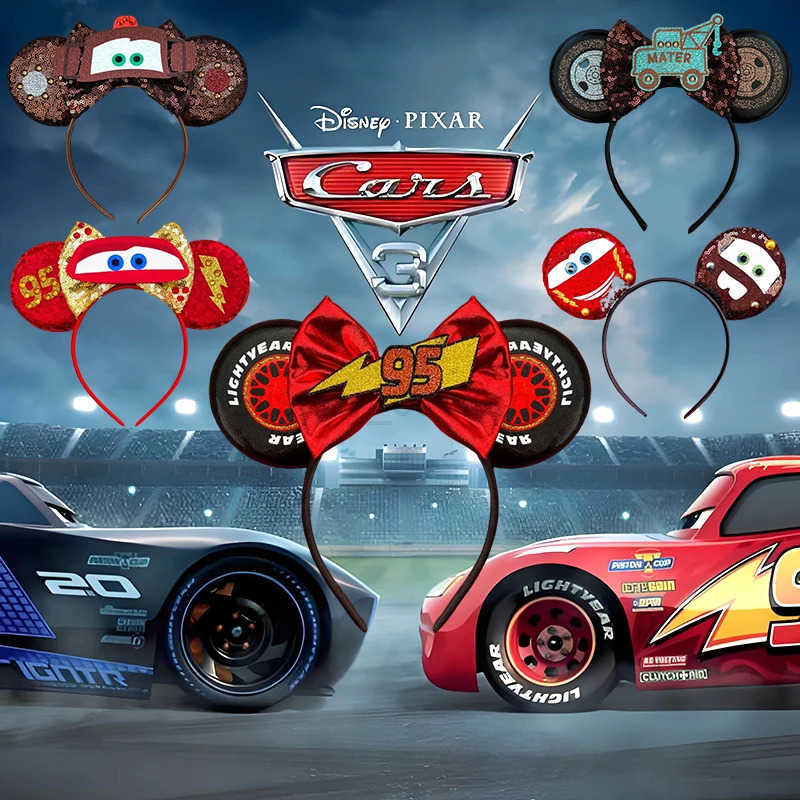 Disney Pixar Car Ear Headwear Female 95 Lightning McQueen Hair Girl Cute Alma Mater Headband Children Elastic Hair Accessories X250425
