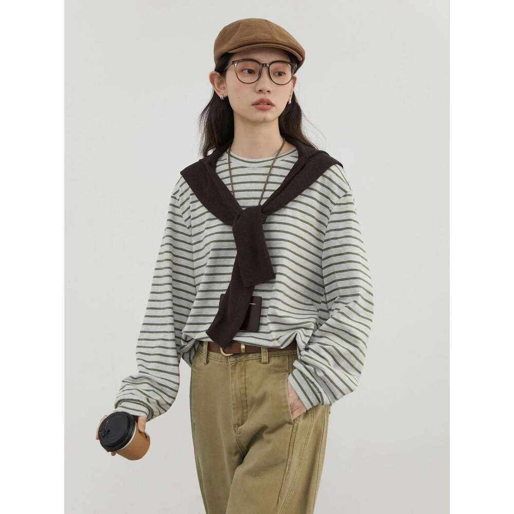 CHIC VEN Women T-Shirts Casual New Round Neck Striped Basic Shirt Loose Tees Female Long Sleeved Top Spring 2025