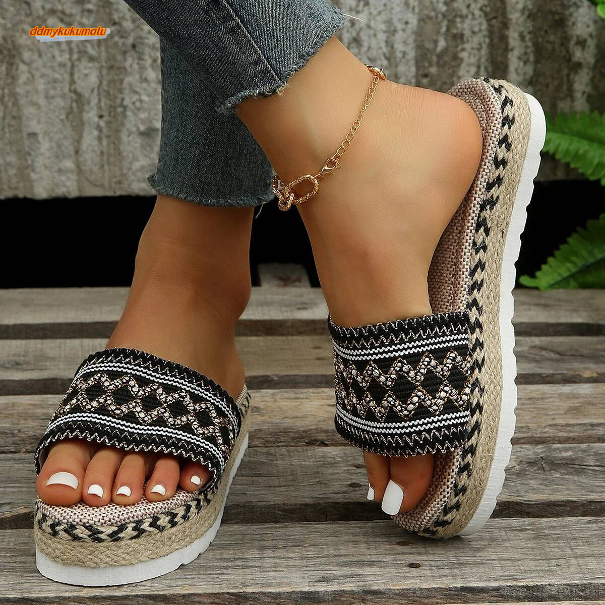 Weave Women's Slippers Platform Summer Shoes for Women 2023 New Beach Casual Heeled Sandals Bohemian Handmade Ladies Espadrilles ddmykukumalu