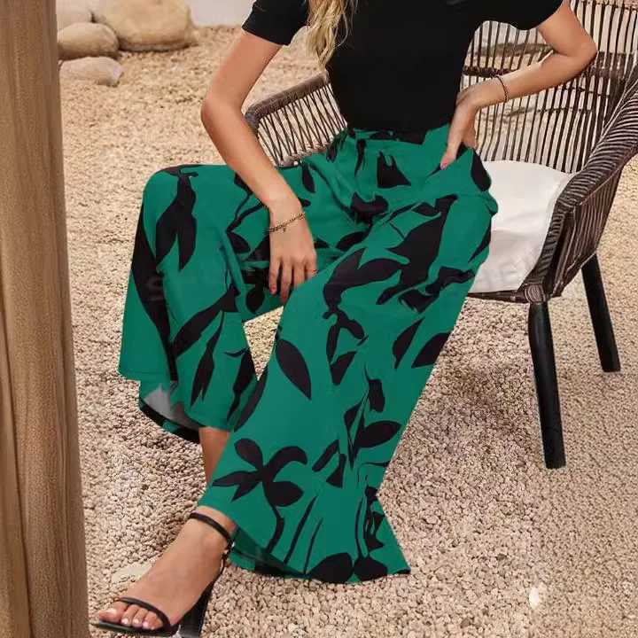 Casual Printed Wide Leg Pants for Womens Fashion Street High Waist Simple Pants for Womens Bohemian Loose Full Match Pants BlackC250425