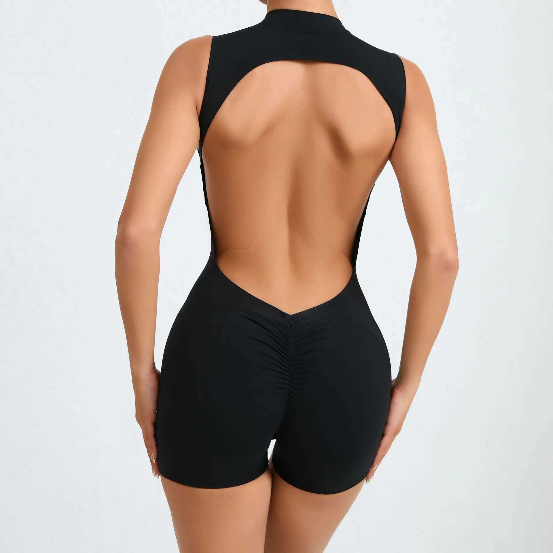 Hollow backless gym tight fitting short jumpsuit Playsuit womens one-piece sportswear yoga jumpsuit sexy fitness top hip liftC250425