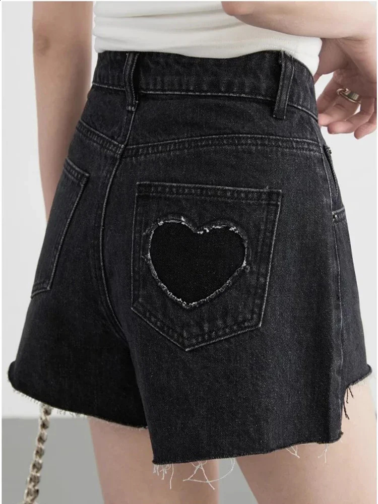 CHIC VEN Womens Shorts Black Solid High Waist Asymmetric Hem Womens Love Fur Edge Denim Shorts Summer 250418