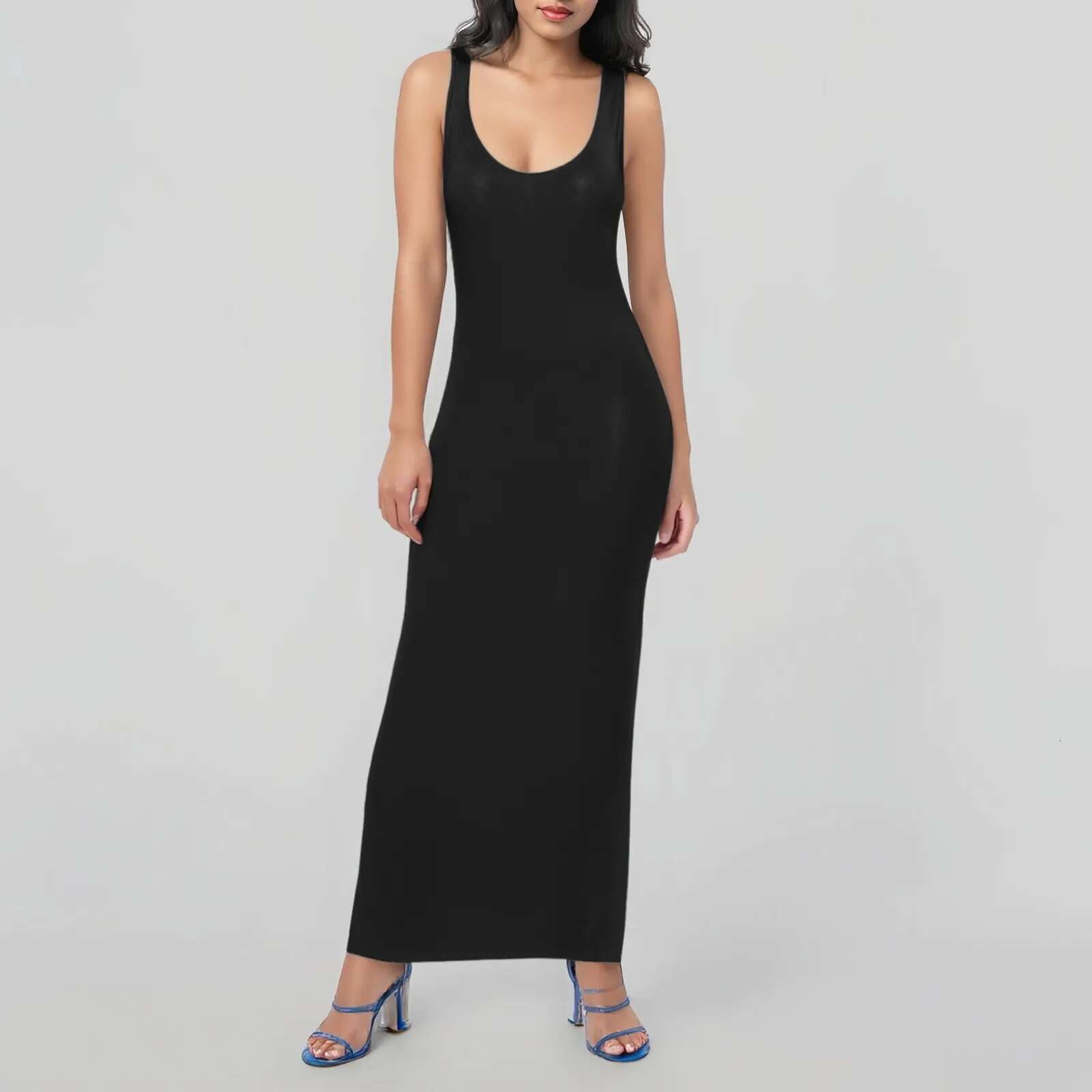 Dongdumaoyi Sleeveless Women High Stretch Tank Robe Summer O Neck Bodycon Long Dress Ladies Solid Slim Beach Maxi Dresses Vestidos