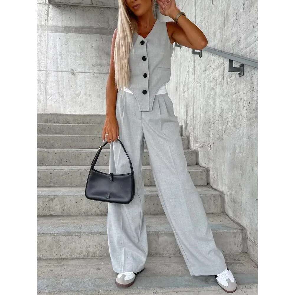 Summer Autumn Two Piece Women 2025 Fashion Sleeveless Striped Vest Blazer Top And Ruched Wide Pants Set For Office Suit