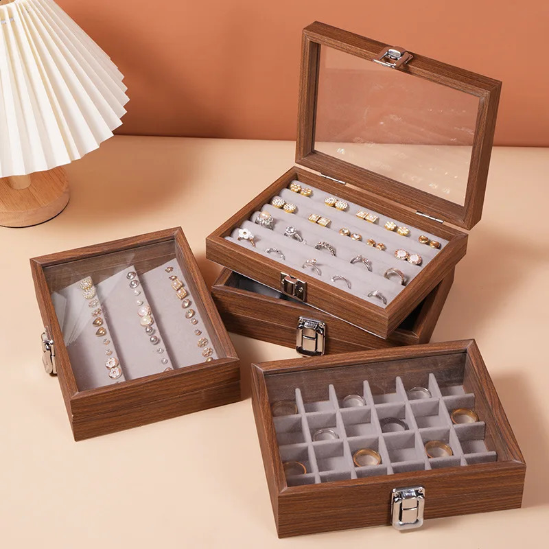 Black Walnut Wood Grain Solid Wood Jewelry Storage Box Dust-proof Belt Lid Jewelry Box Bracelet Ring Earring Necklace Box 250424