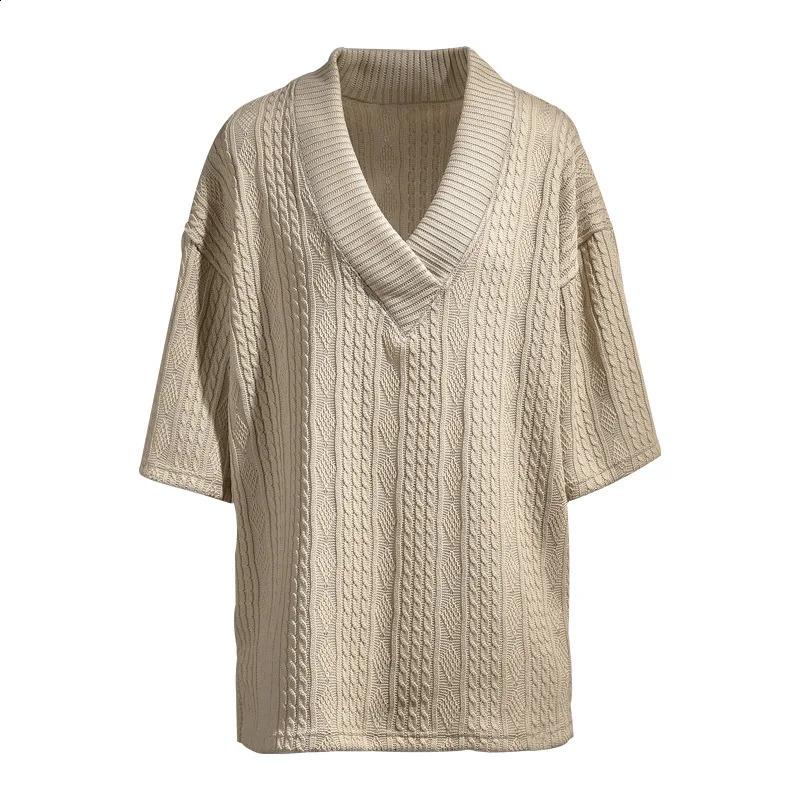 Mens casual knitted Tshirt for summer loose fit plus size semi long sleeved svCollar sport solid color jacquard 250417