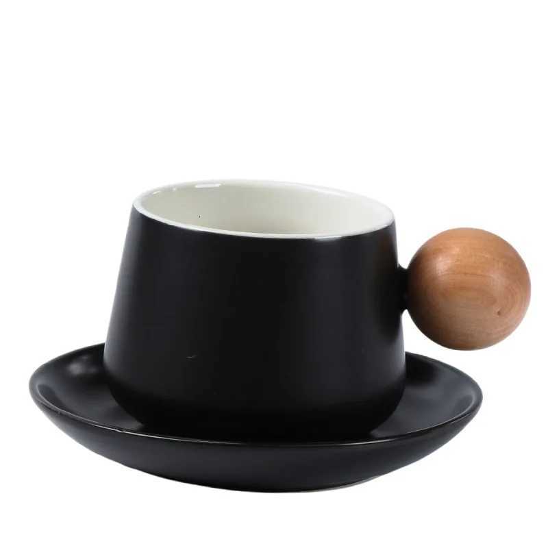 Home Coffee Cup and Saucer Set Expensive Mug Gift Ceramic Vintage Tea Set Wooden Handle ic Mug Solid Color Ceramic Teacup Y251125