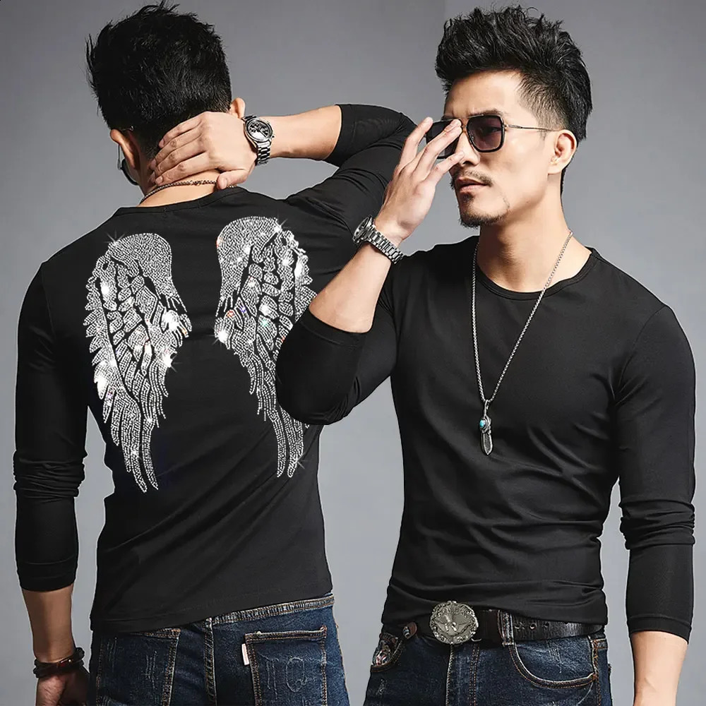 Neutral rhinestone wing printed T-shirt for mens street wear cotton Ins punk T-shirt direct oversized long sleeved clothing 250423