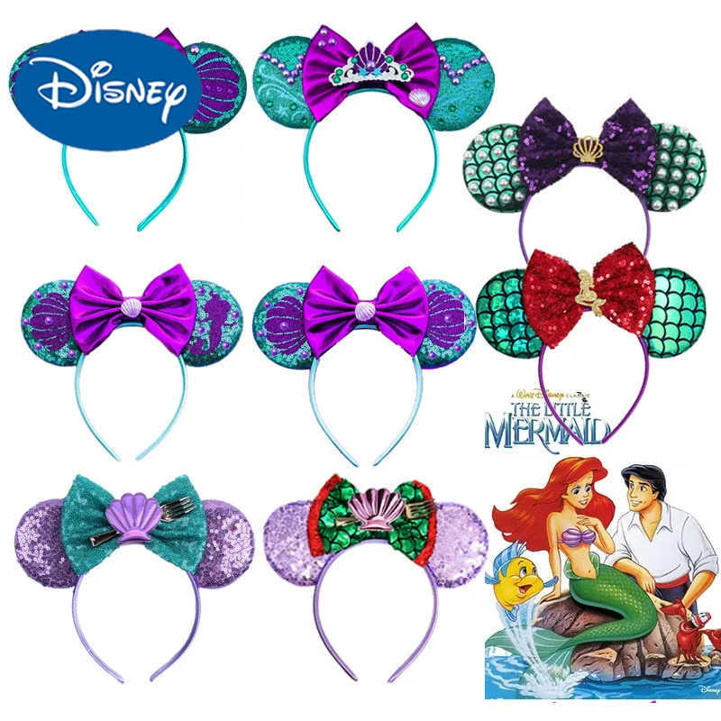 Disney Mickey Mouse Little Mermaid Hair Girl Floor Hair Accessories Ariel Headband Children Sebastian Pearl Shell Earrings X250425
