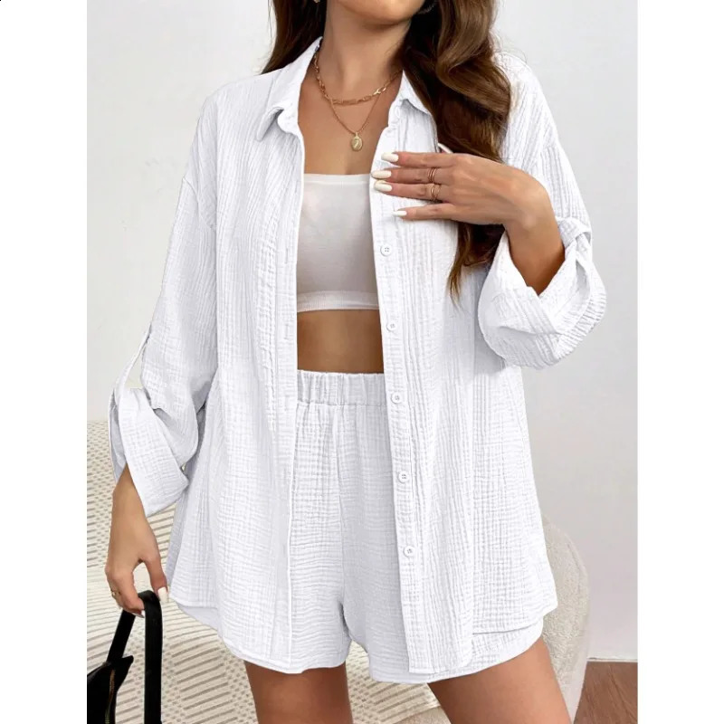 Solid color casual loose womens shorts set elegant summer womens two-piece set full set womens clothing 250422