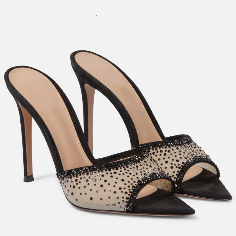 Summer's new open-toe pointed rhinestone mesh one-line belt fashion slippers high-heeled dress outerwear large size women sandal