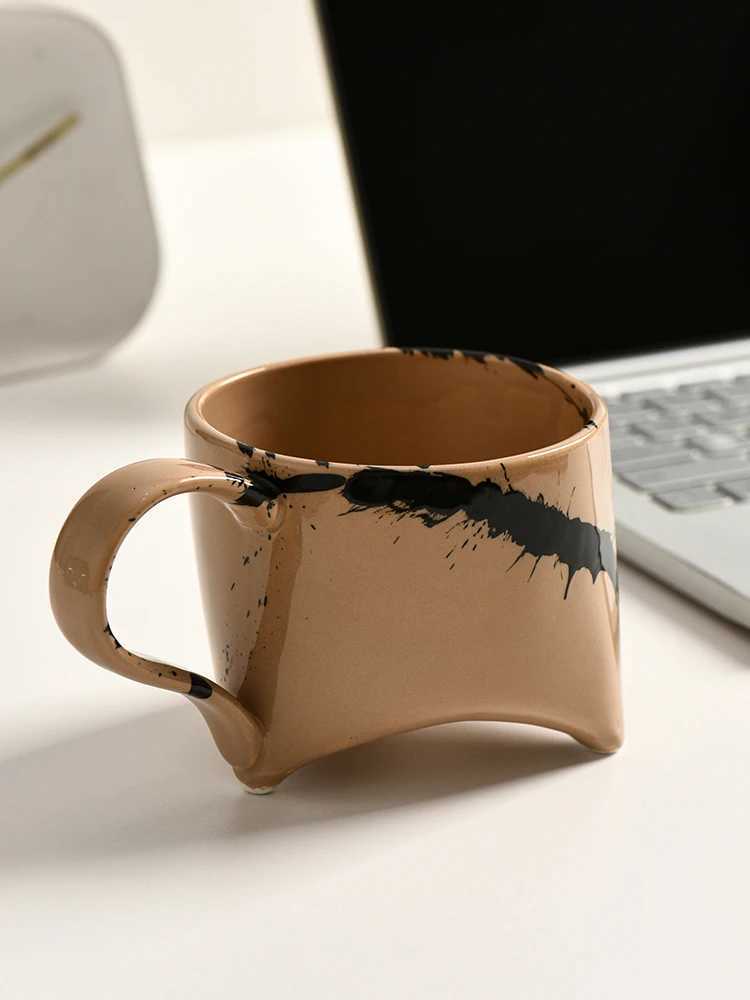 350ml Personzed Splash Ink Style Mug Retro Ceramic Coffee Cup Creative Breakfast Milk Cup White And Khaki Drinking Mugs Y251125