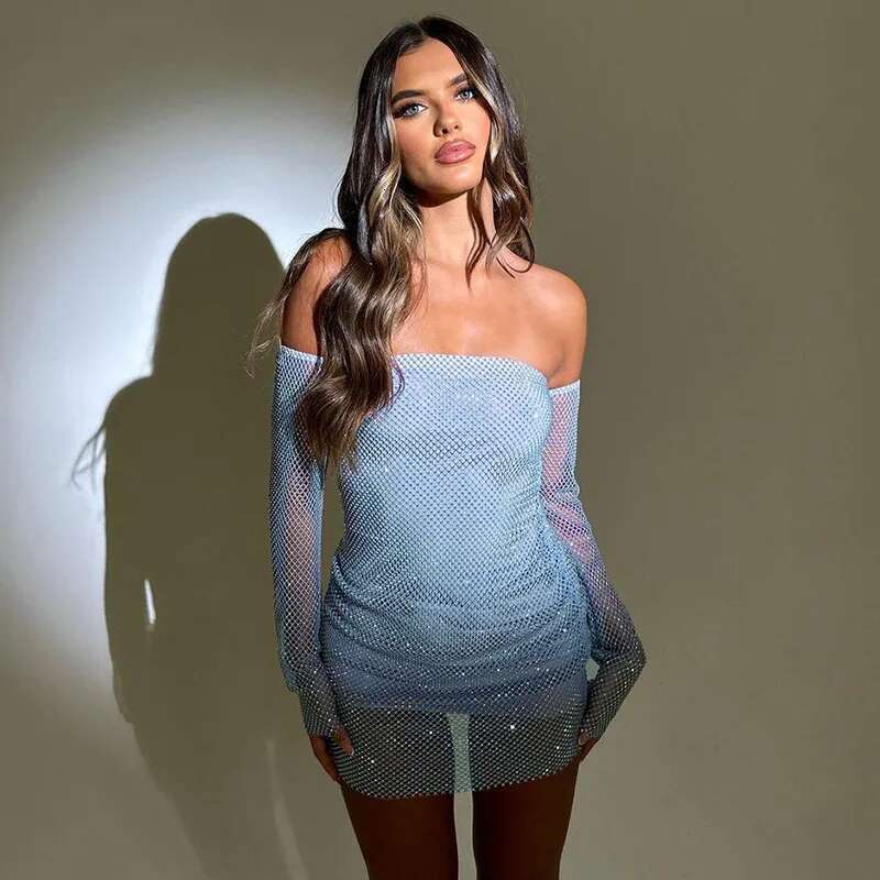 Dongdumaoyi Townlike Mesh Sparkle Glitter Sexy Party Dress Women Mini Sping Summer Autumn Winter Slim Bodycon Dresses With Lining