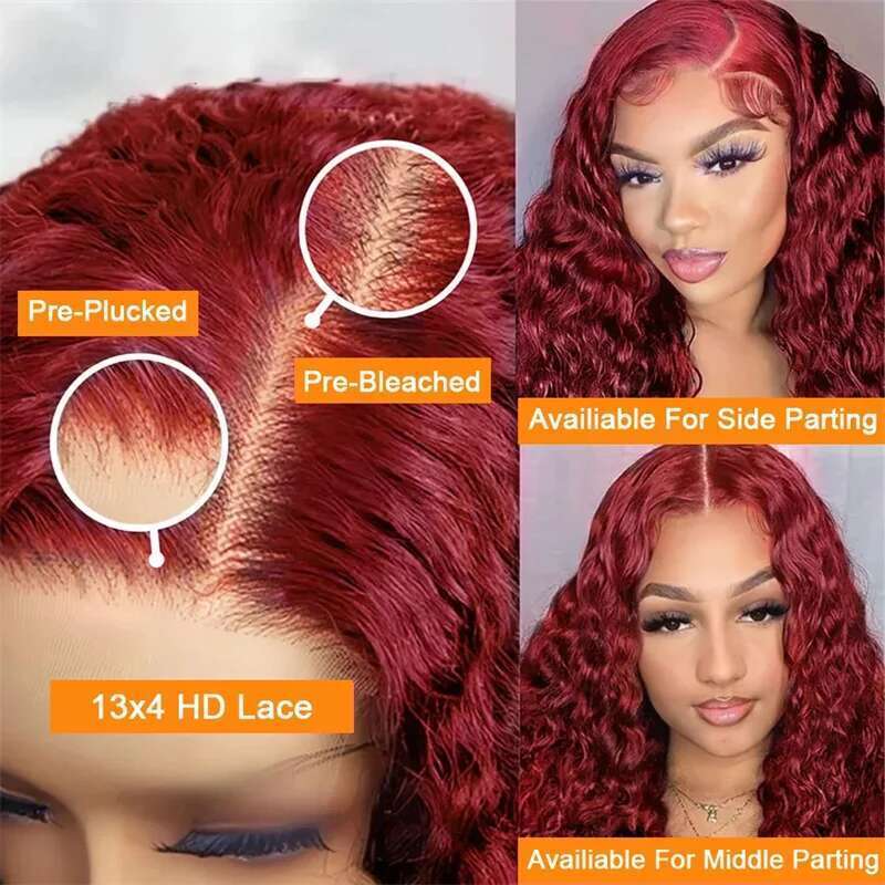 30 40 Inch 99J Bury 13X6 Hd Human Hair Red Colored 13X4 Transparent Lace Curly Deep Wave Frontal Wig
