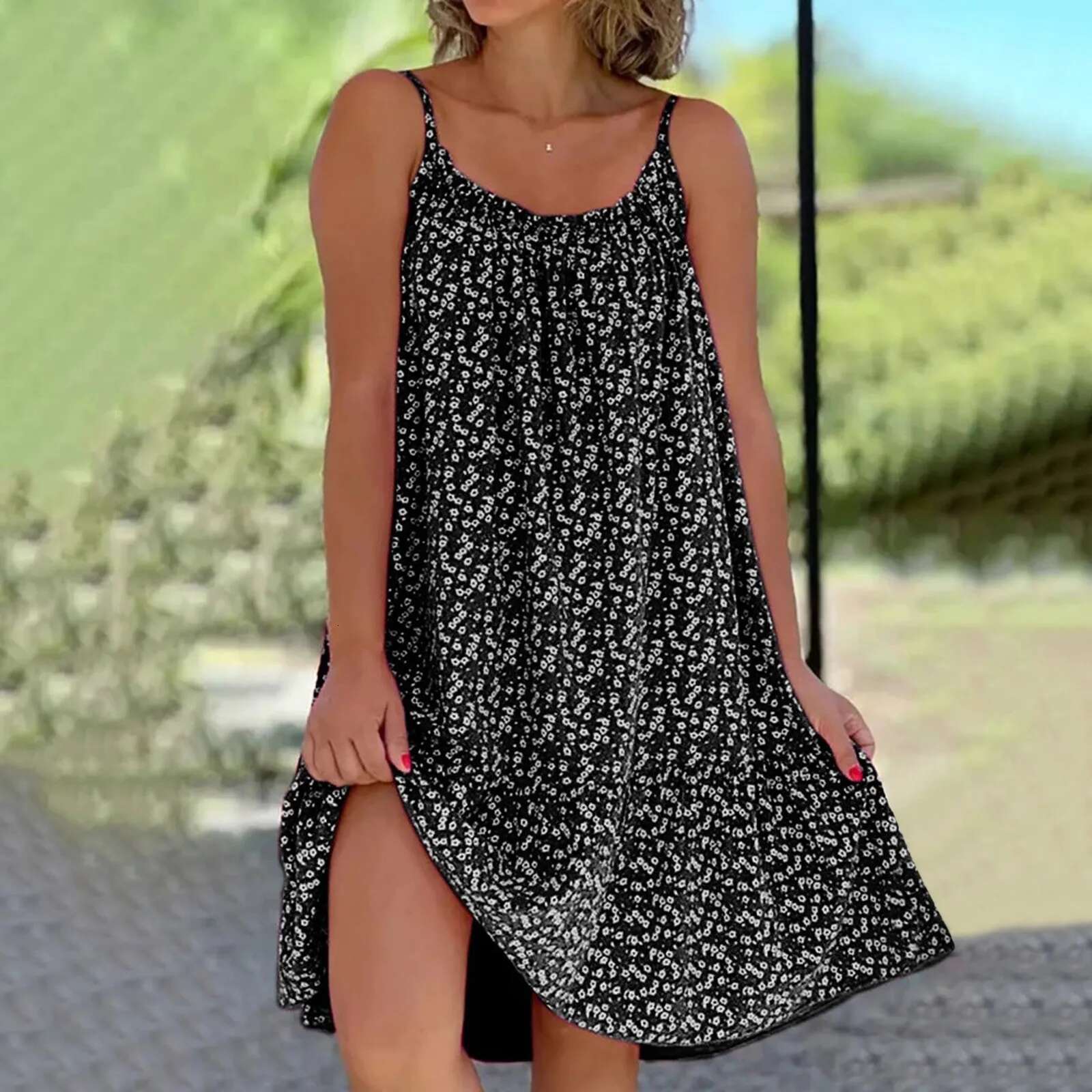 Dongdumaoyi New Floral Print Spaghetti Strap Dresses For Women Summer O Neck Sleeveless Short Dress Vintage Ladies Tank Beach