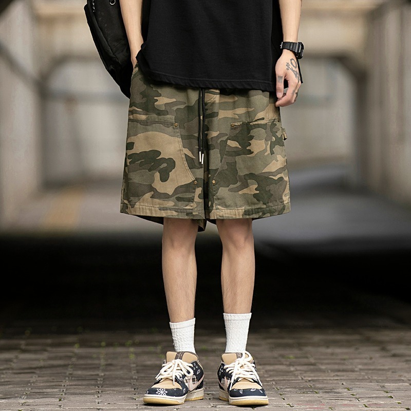 American style high street multi pocket workwear camouflage casual shorts men's trendy brand loose drawstring capris summer
