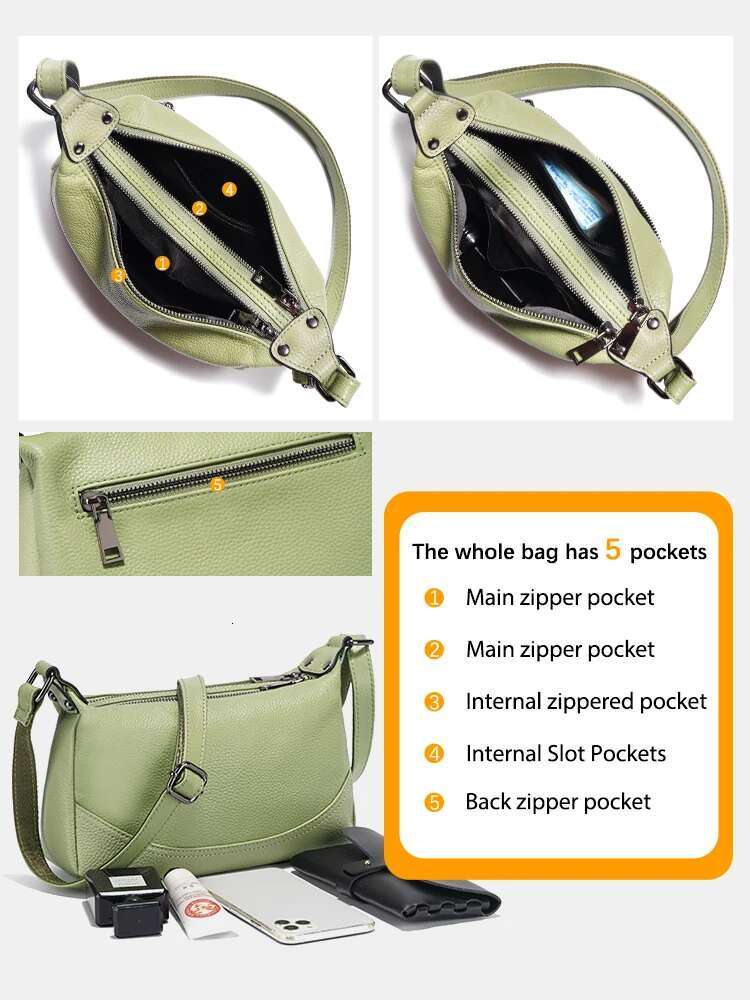 Zency Spring Summer Women Cowhide Soft Leather Hobo Shoulder Bag Double Zip Main Pockets For Commuter Shopping Outing