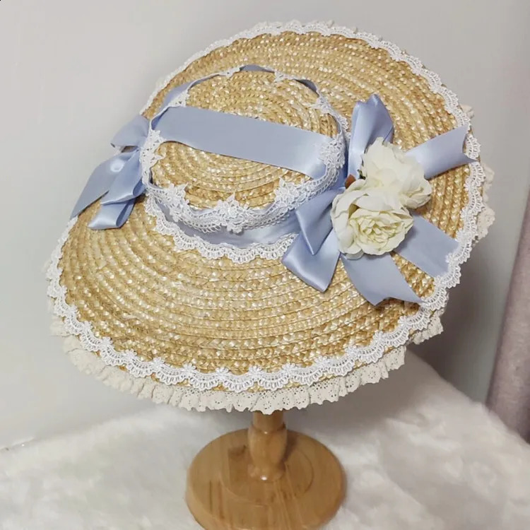 Vintage French Victorian Sweet Elegant Lolita straw Flat Top Hat Sweet Female Straw hat Rose Bow Bandge Sunhat 250420
