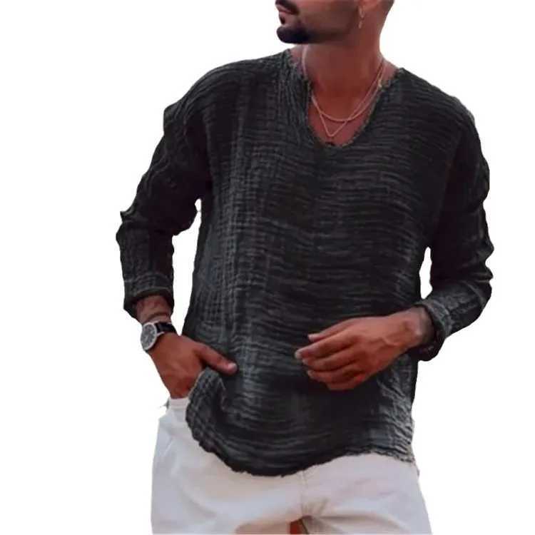 Fashionable mens spring and autumn fashionable young linen casual loose V-neck T-shirt washed with rough edged long sleeved shirt W250425
