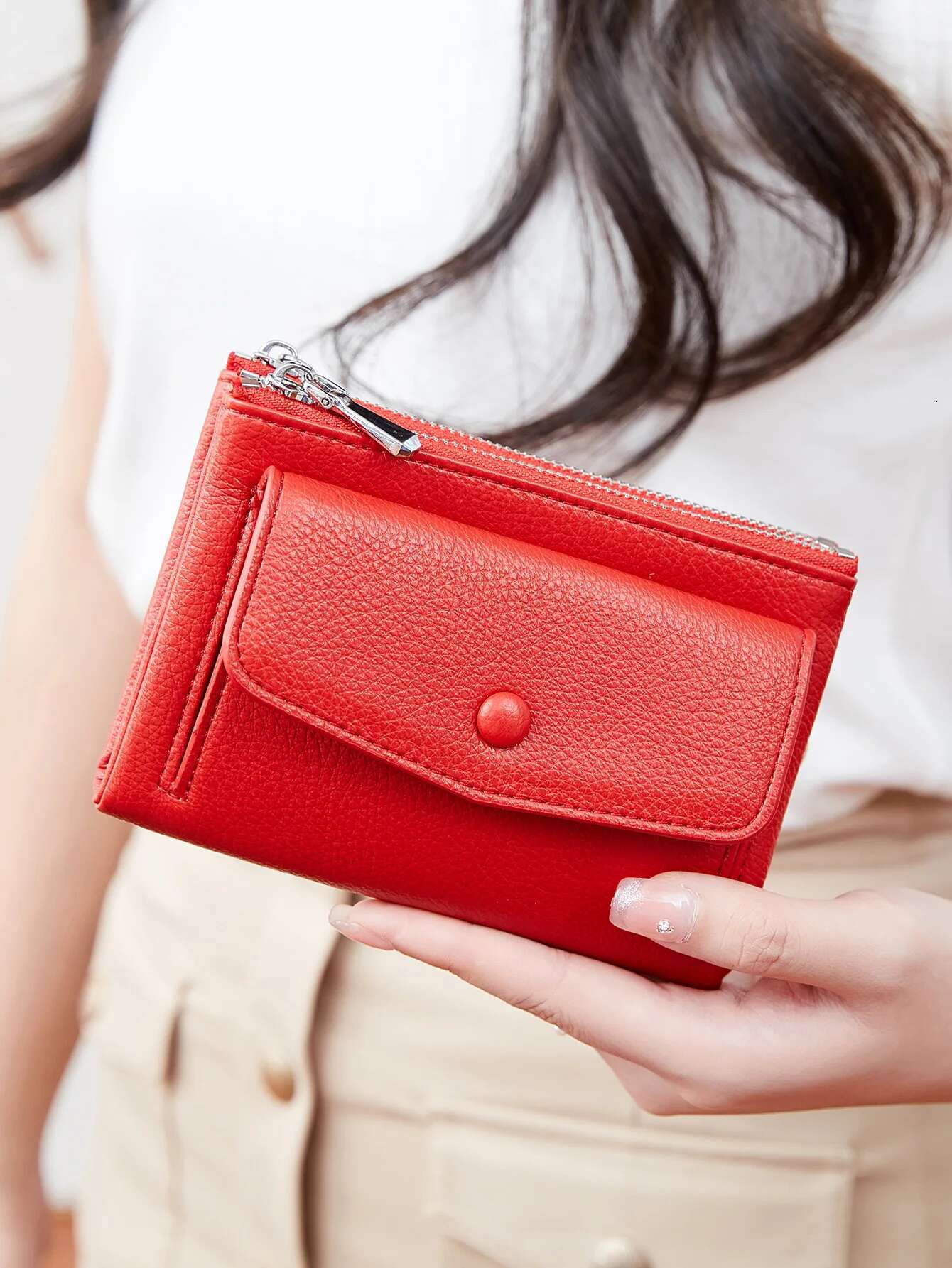 Women's PU Leather Short Double Zippered Wallet Simple Solid Color Large Capacity Credit Card Holder Bag With Coin Pocket