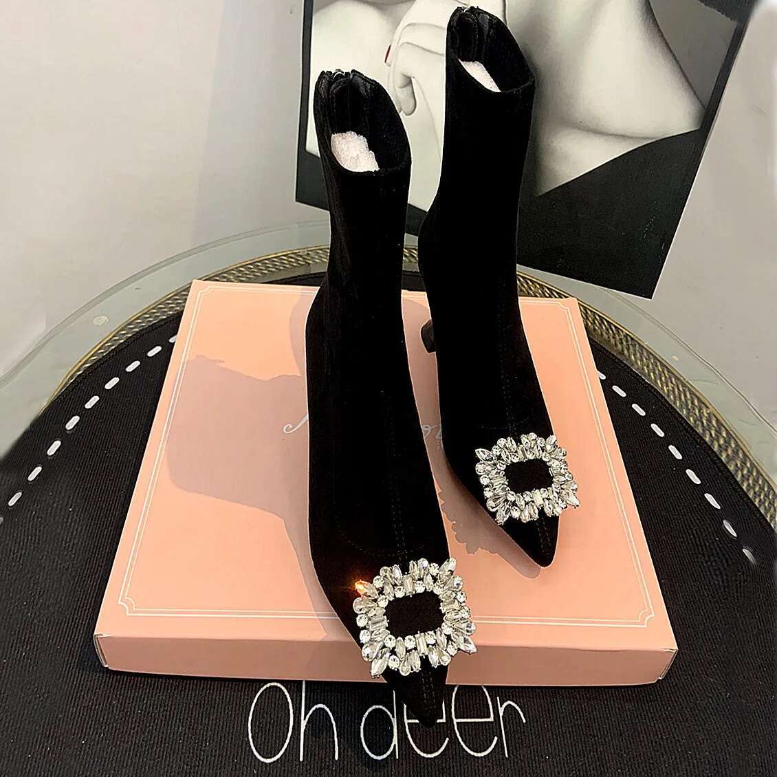 Ankle Women Shoes Woman Fashion High-Heeled Pointed Flock Spring Autumn Rhinestone Short Boots