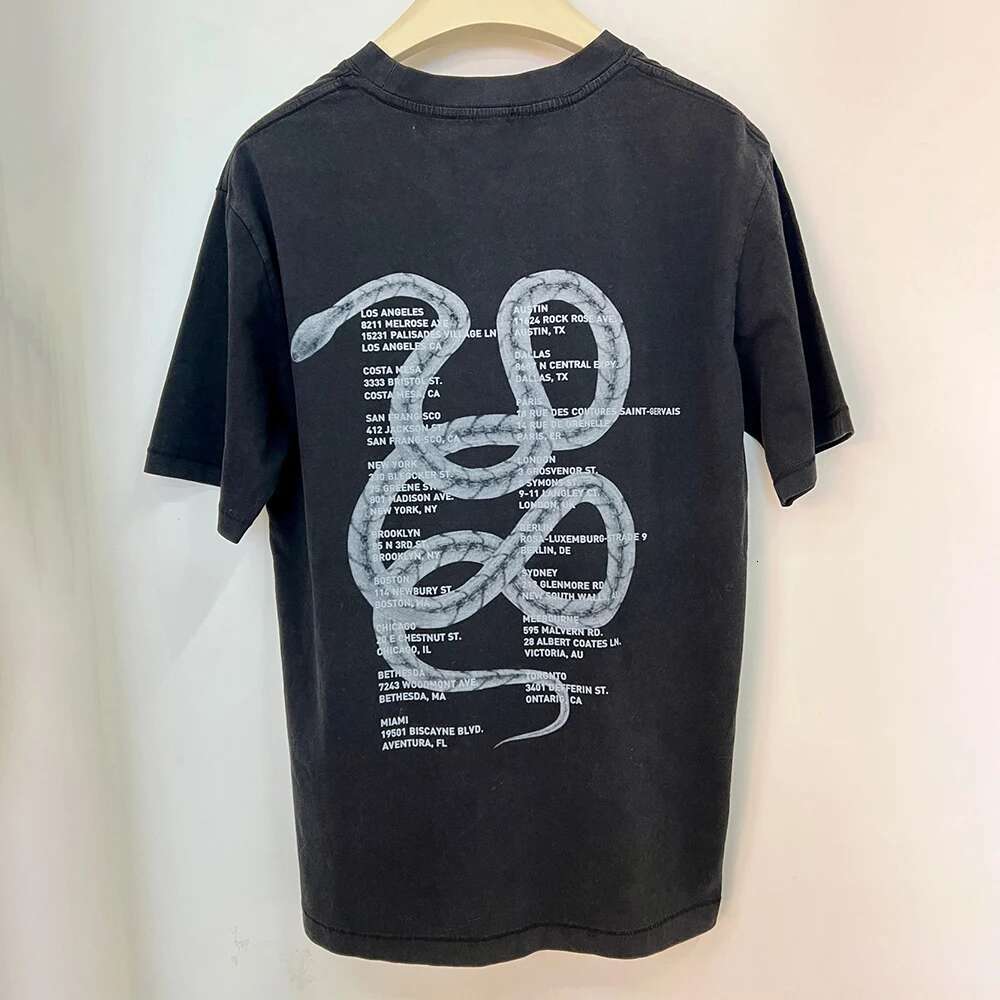 H5t318 Spring New North American Niche Snake Letter Print Washed Color Distressed Charcoal Gray Ladies Short-Sleeved T-Shirt