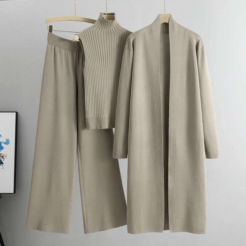 Spring Autumn Women Cardigan Tracksuits Knitted Pant Sweater Suit Vintage Fashion Ladies 3 Piece Set