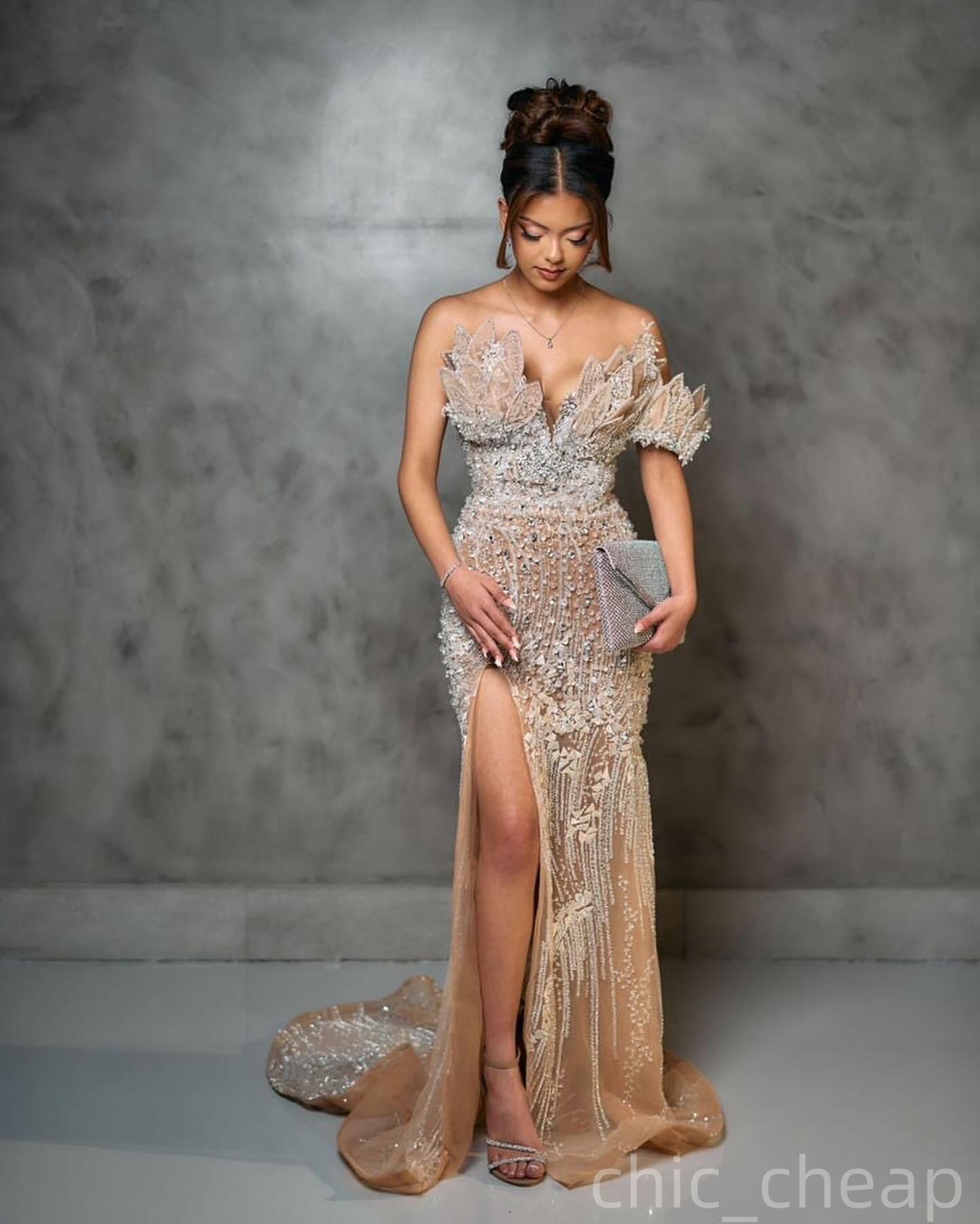 Champagne Mermaid Plus Size Prom Dresses 2025 Crystals Pearls Sequined Florals Evening Formal Party Second Birthday Engagement Gowns Dress For Special
