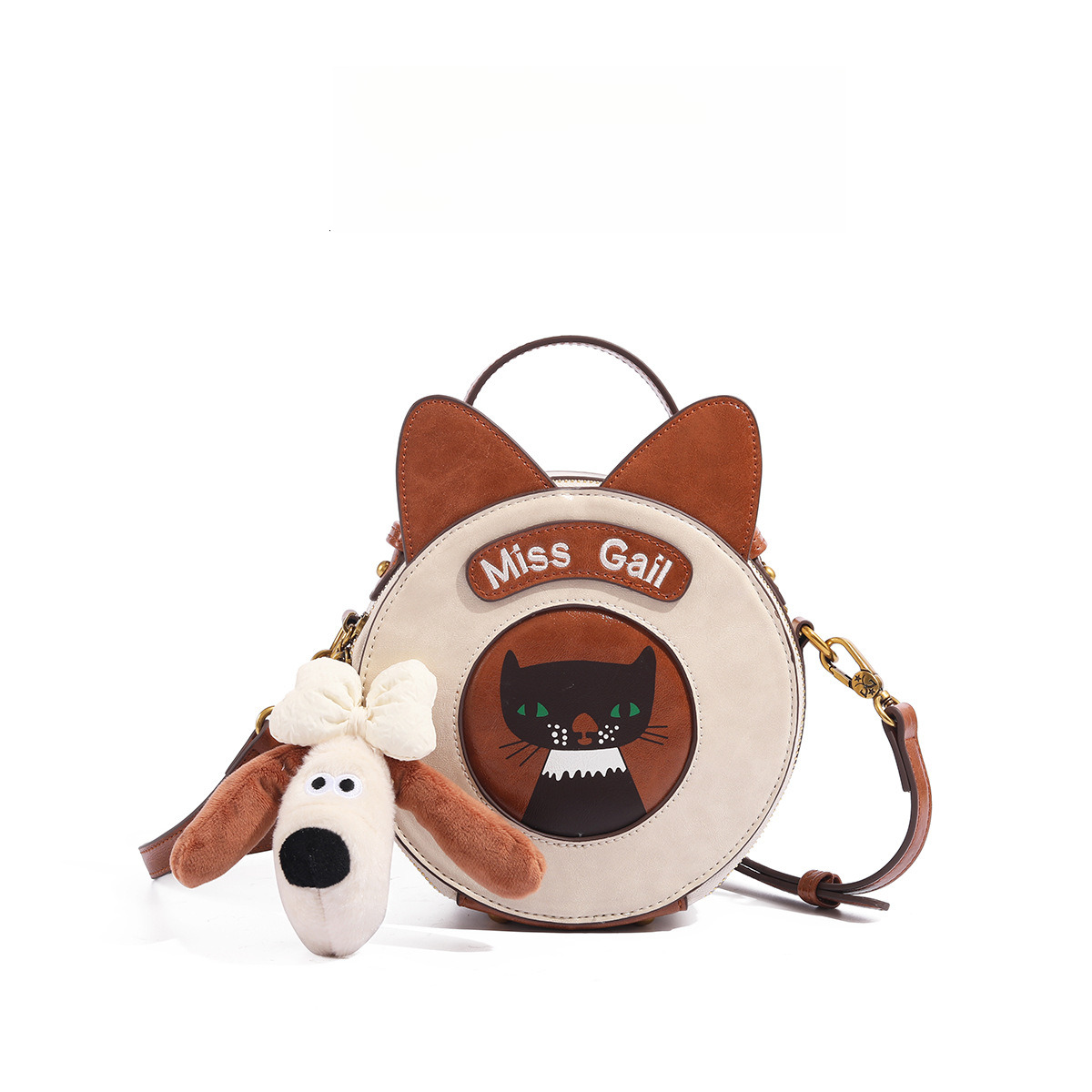 Cute Cartoon Cat Small Round Bag Women's Fashionable Pu Leather Puppy Pendant Designer Bag One Shoulder Crossbody Handbag