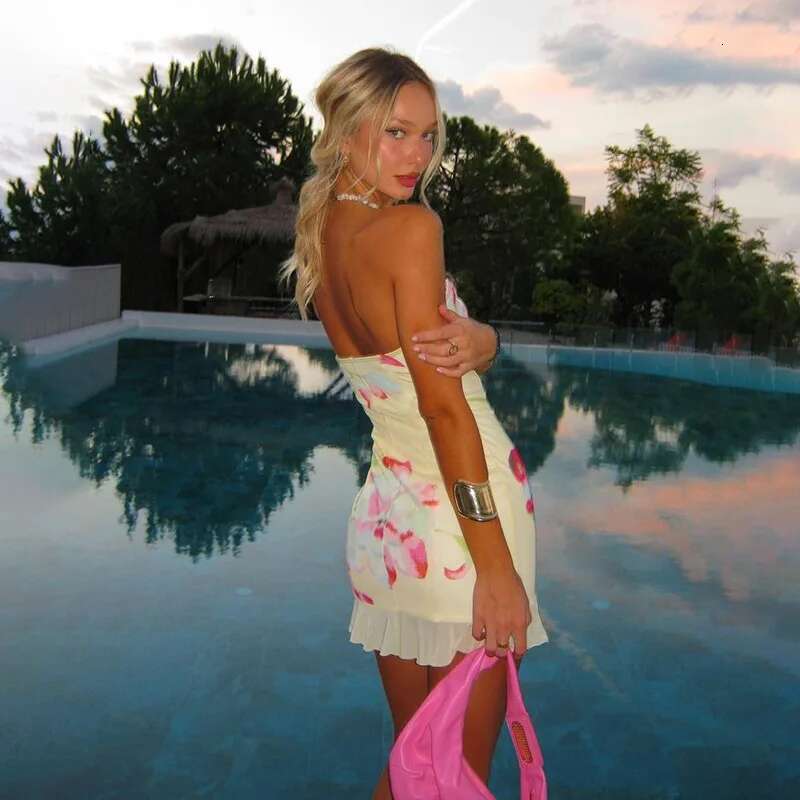 Dongdumaoyi Townlike Ruffles Print Slim Bodycon Dress Women Strapless Mini Spring Summer Mesh Niughtclub Sexy Party Dresses