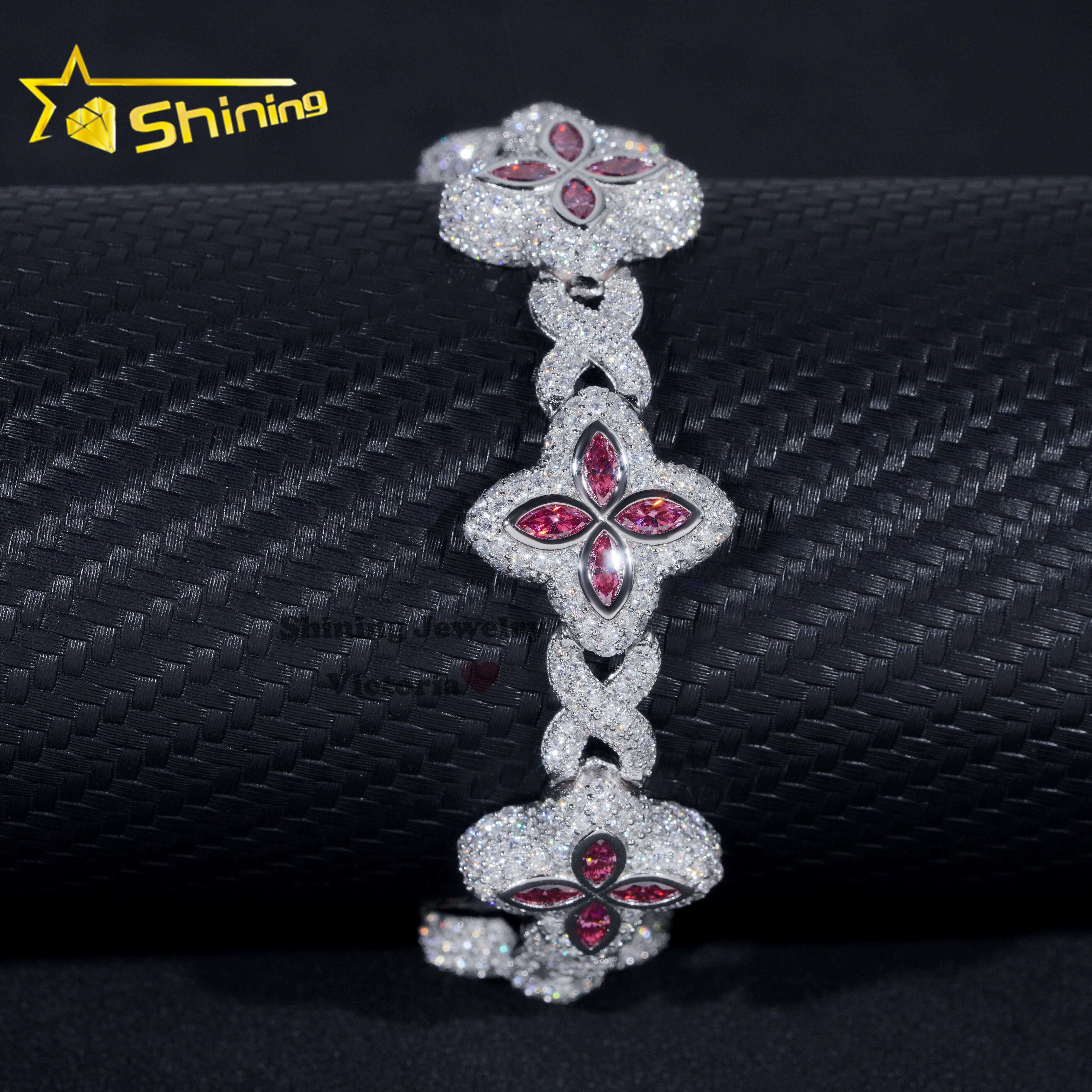 18MM Hip Hop Style Sterling Silver Iced Out Clover Infinity Link Bracelet Jewelry Pink Marquise Moissanite Clover Cuban Bracelet