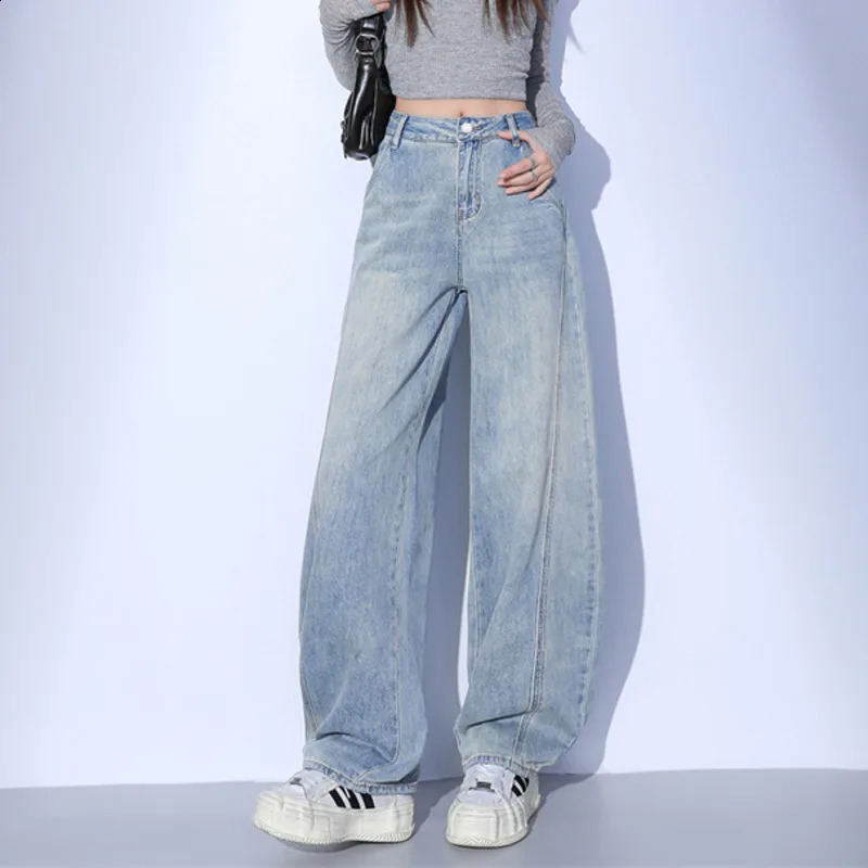Wxw2607 light blue denim jeans split wide leg loose retro streetwear long 250417