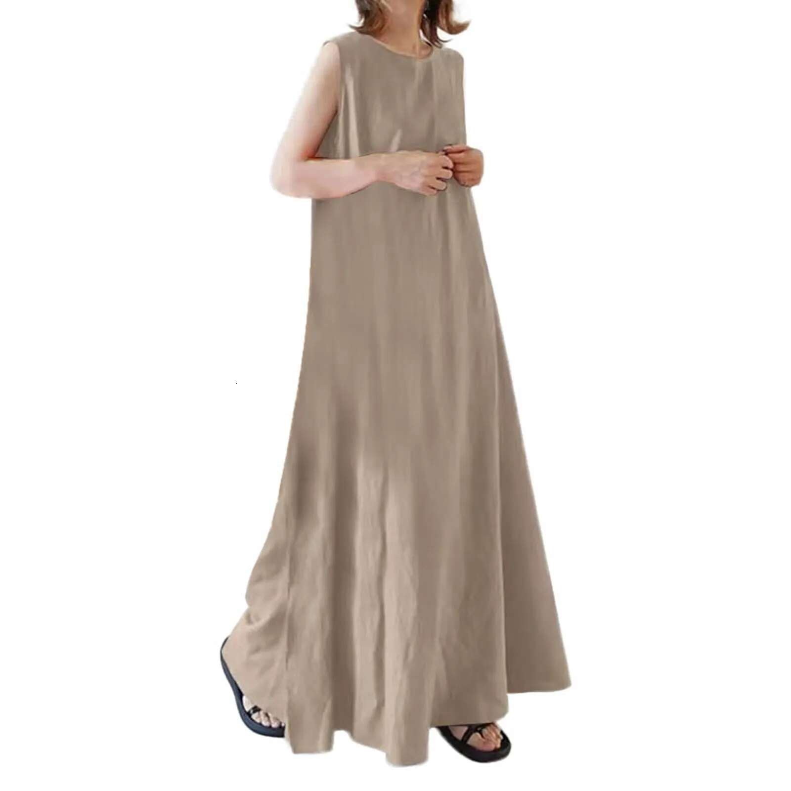 Dongdumaoyi Loose Fit Maxi Dress Simple Style Solid Color Sleeveless Long Dresses Women Summer Fashion Casual O Neck Cotton Linen New