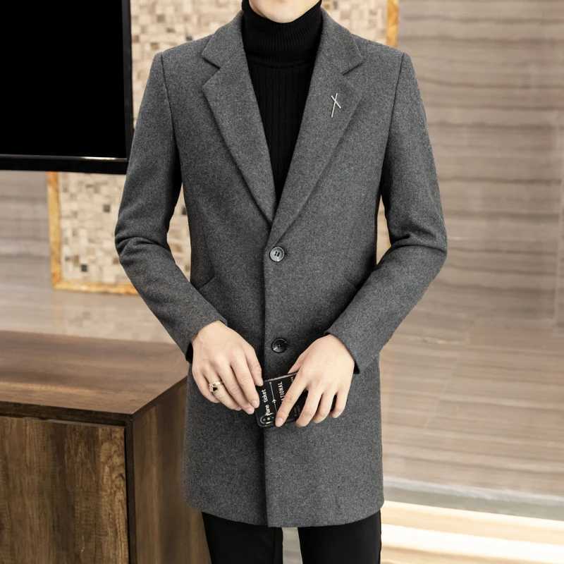 High-quality mens fashionable and stylish mid-length solid color woolen and cotton thick coat for autumn and winterT251125