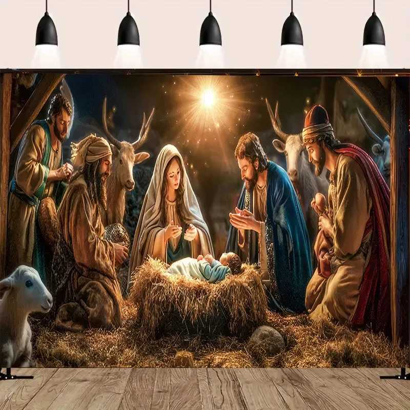 Nativity Scene Starry Night Tapestry Religious Burgh Scene Wall Hanging Traditional Christmas Birthday Room DecorM251125