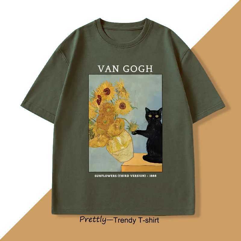 Van Gogh Sunflower Printed Mens T-shirt Womens Retro Harajuku Short Sleeve T-shirt Casual Round Neck Cotton T-shirt W250425
