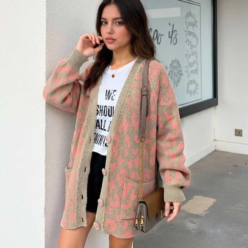 2025 Korean V-neck Loose Long Sleeve Printed Knitted Cardigan Autumn Winter New Casual Womens Sweater Coat with PocketsT251125