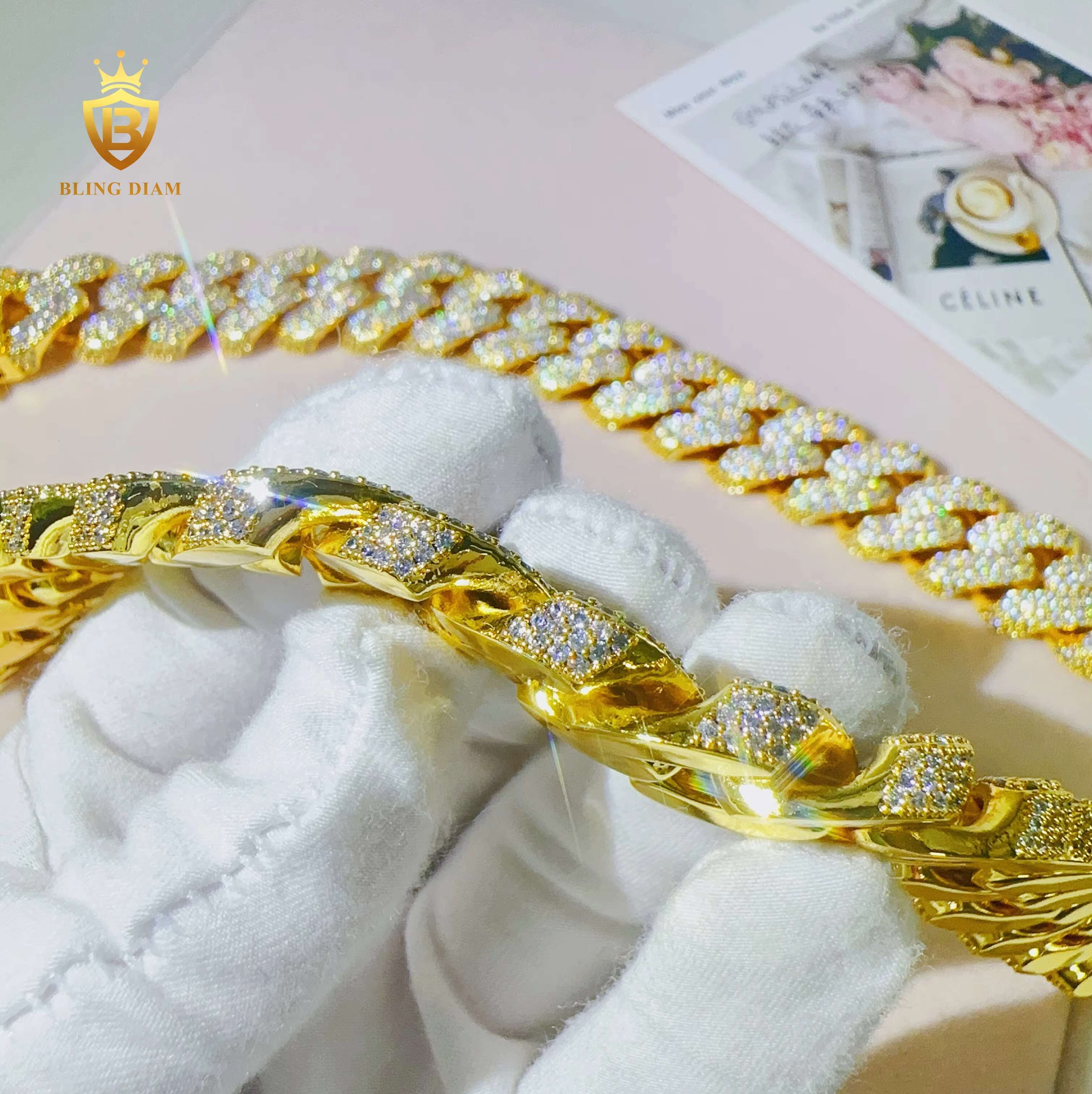 Fashion Jewelry 18mm 3rows AAAAA+ Moissanite Cuban Link Chain Fashion Spring Clasp Necklace